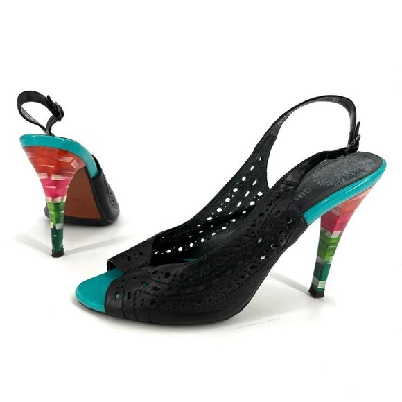 Cavaletto Perforated Black Leather Slingback Heels with Resin Stacked Rainbow‎ - Picture 1 of 8